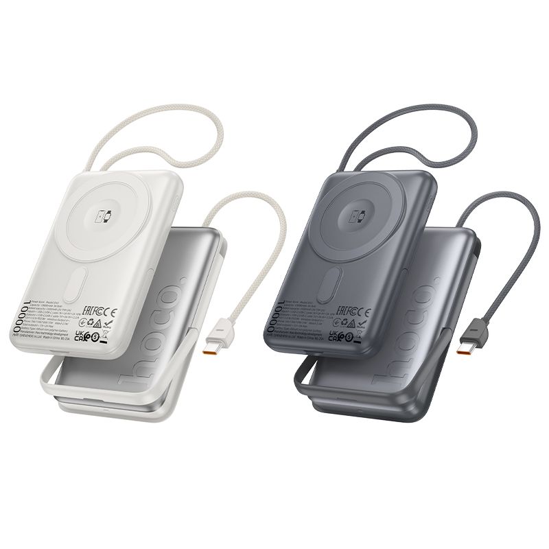 HOCO Q43 10000mAh Magnetic Wireless Power Bank with Built-in USB-C Cable, 20W PD Fast Charging & LED Display