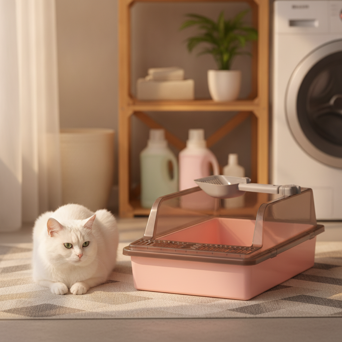 Enclosed Cat Litter Box with Scoop – Covered Kitty Toilet & Cat Litter Tray, Pink