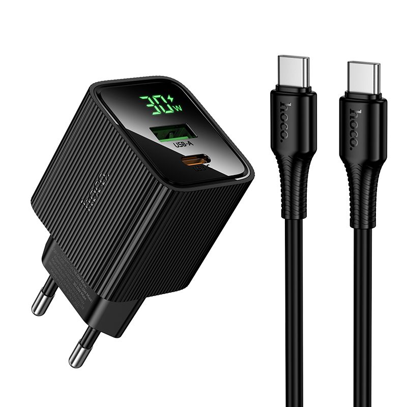 HOCO CS84A 30W Dual Port Fast Wall Charger with USB-C PD & USB-A QC 3.0 | LED Display | EU Plug