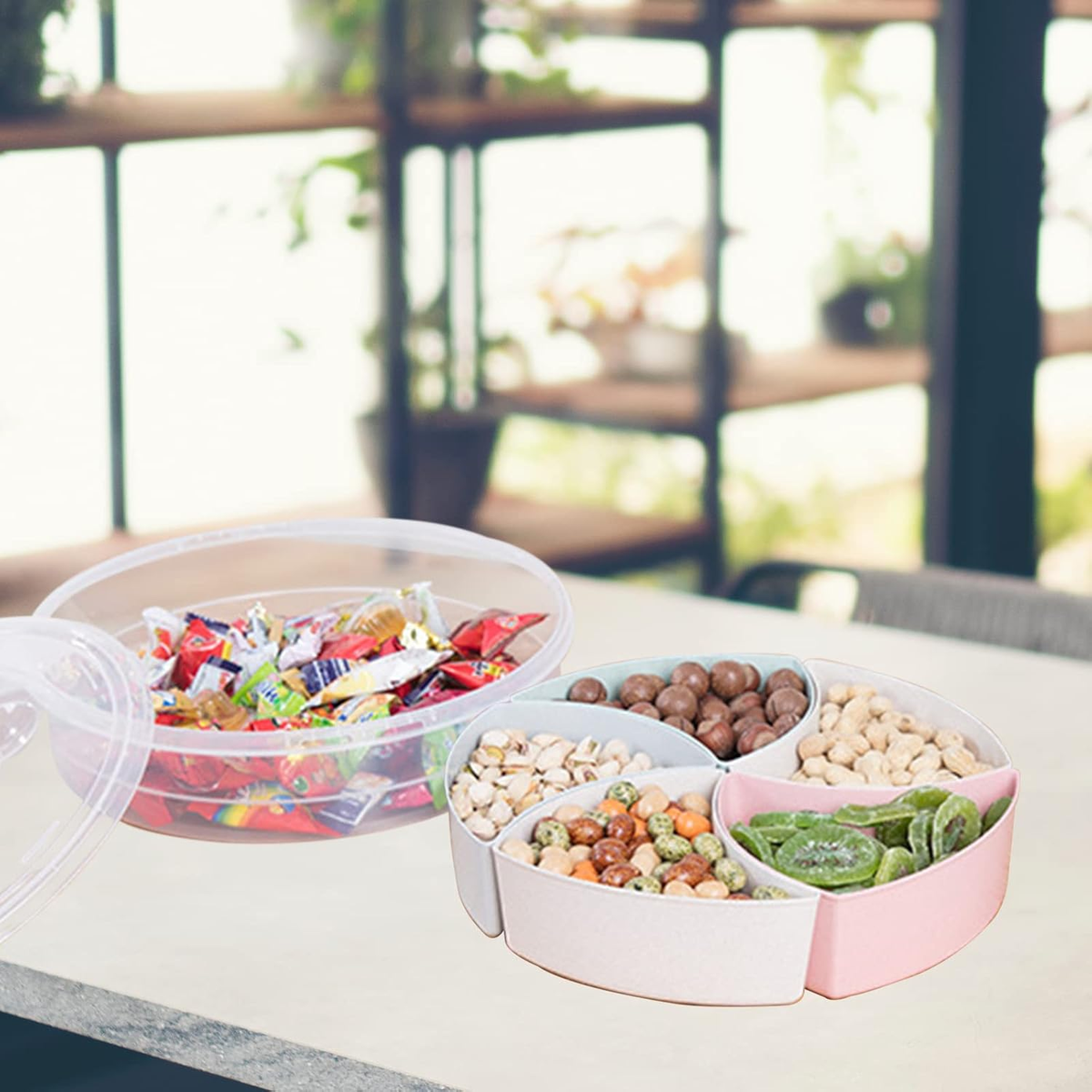 Round 5 Compartment Snack Storage Container with Lid | Multi-Colour Sectional Food Organizer Box