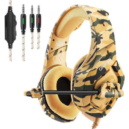 ONIKUMA K1B Gaming Headset with Microphone, 50mm Stereo Sound, 3.5mm Jack, Camo Yellow