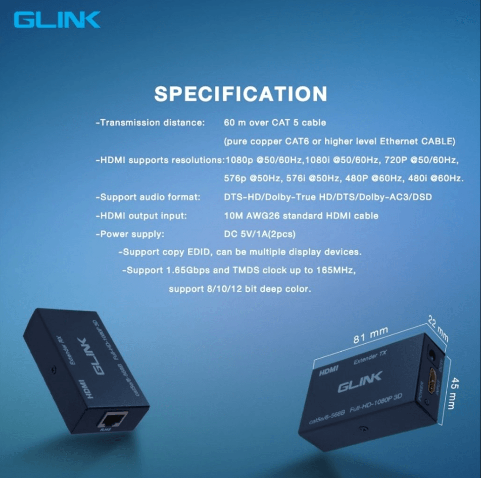 GLINK HDMI Extender Over Cat5e/Cat6 up to 60M | Full HD 1080P HDMI Extender Kit with Transmitter & Receiver | HDMI to RJ45 Signal Extension