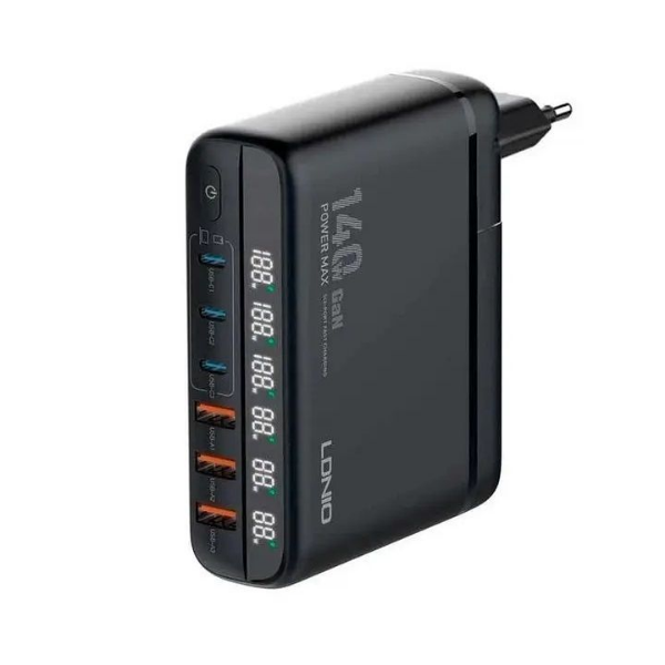 LDNIO A6140C 140W GaN Desktop Charger Station | 6-Port Fast Charger (3 USB-C + 3 USB-A) with LED Display