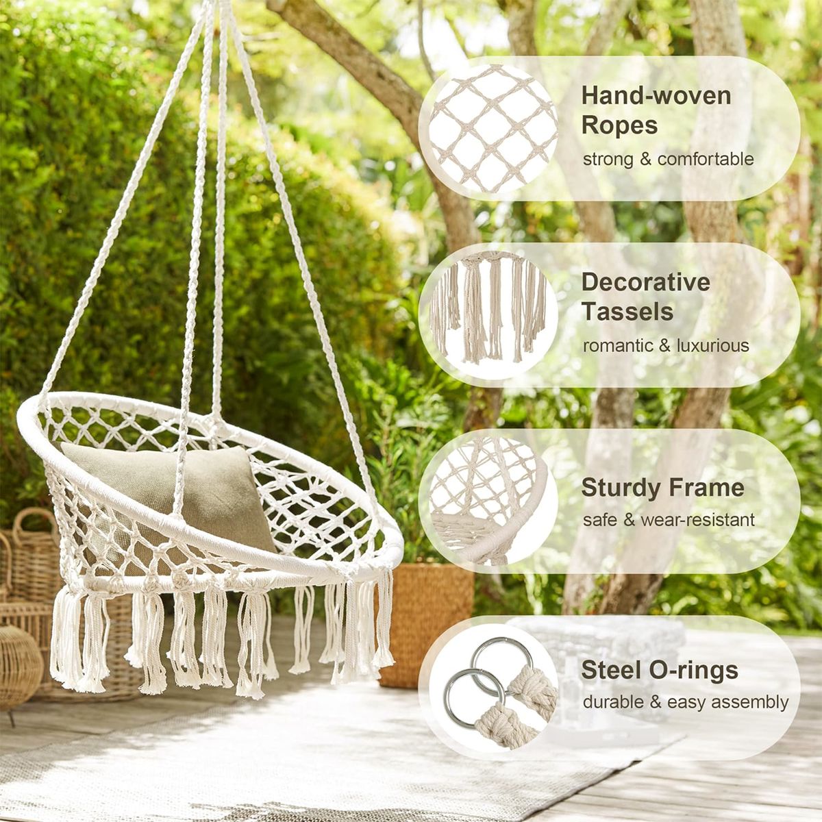 Handmade Cotton Rope Hanging Swing Chair for Adults & Kids | Boho Hammock Chair for Indoor & Outdoor Garden - Grey