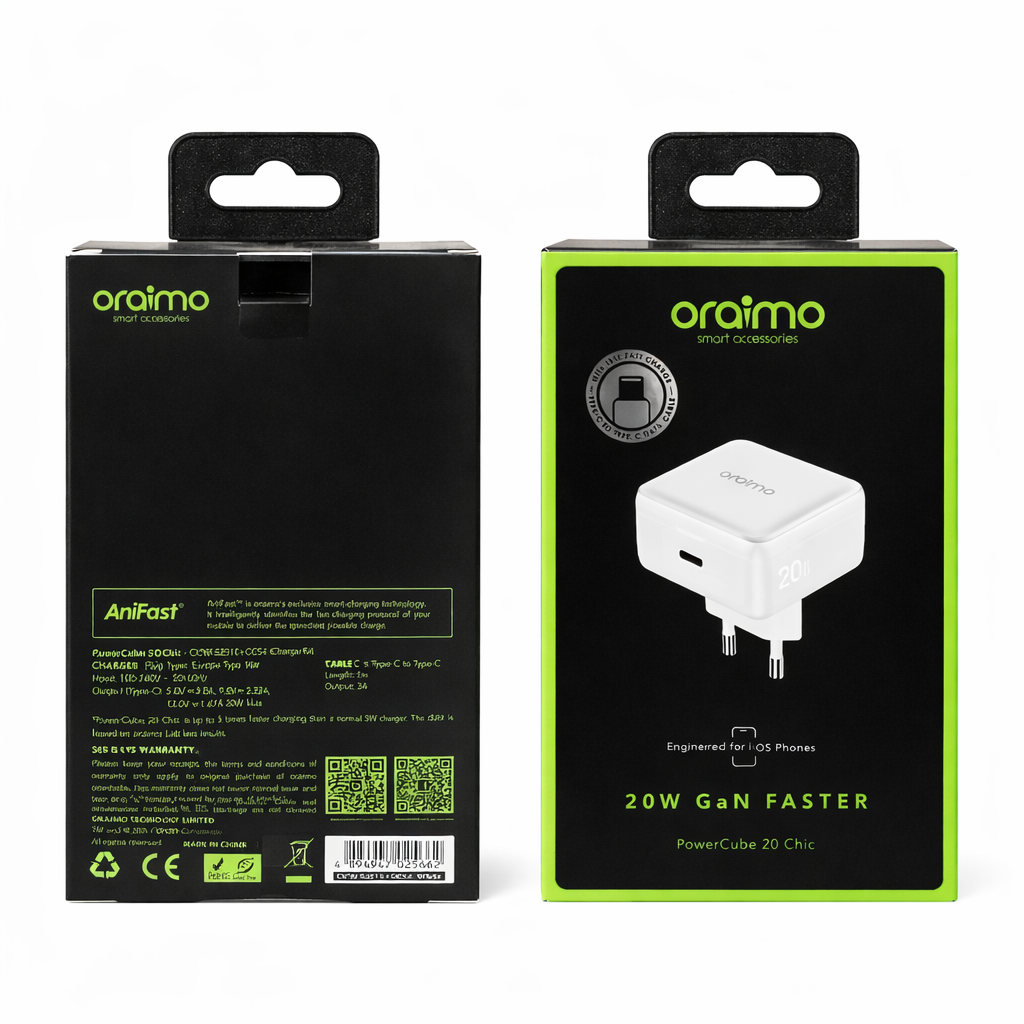 Oraimo 20W GaN USB-C Fast Charger with USB-C to USB-C Cable | PD Fast Charging Travel Adapter (EU Plug)