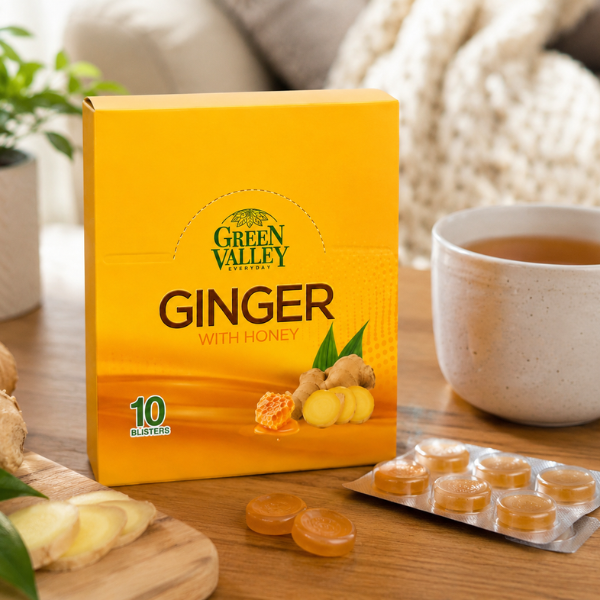 Green Valley Ginger & Honey Lozenges | Herbal Ginger Honey Lozenges – 10 Blister Packs