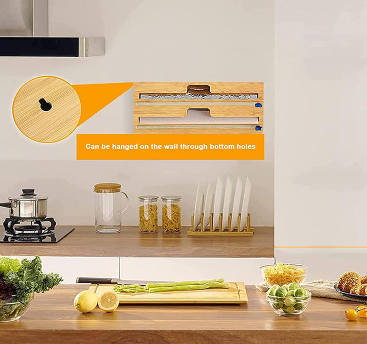SamMag Biz 2-in-1 Bamboo Food Wrap Dispenser with Built-in Cutters | Plastic Wrap & Aluminum Foil Organizer