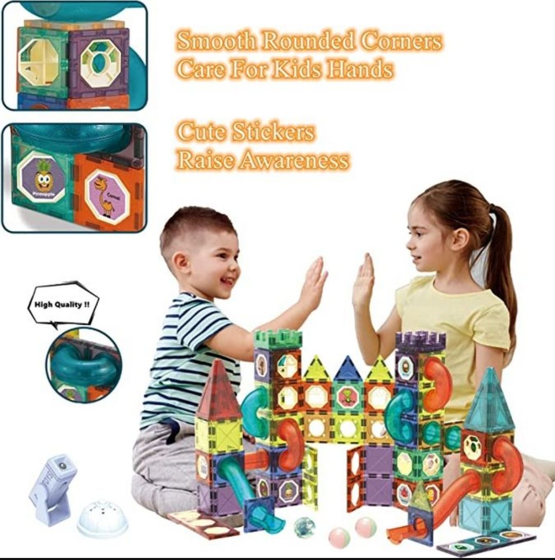 73 Piece Magnetic Building Blocks for Kids – 3D DIY Pipeline Marble Run STEM Construction Toy with Rolling Balls