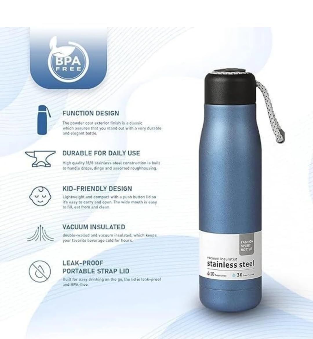 550ml Stainless Steel Vacuum Insulated Water Bottle with Strap | Double Wall Leakproof Flask | BPA Free Travel Bottle - Black