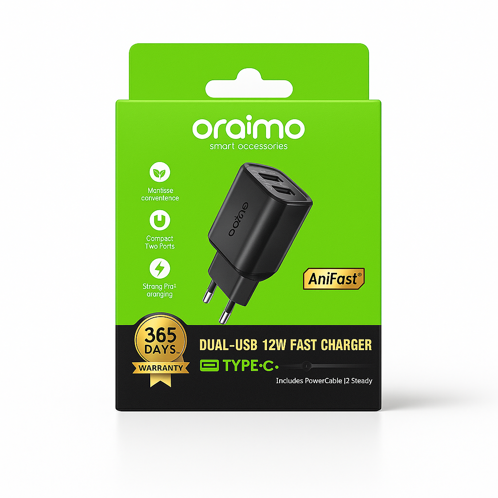 Oraimo OCW-1121EC 12W Dual USB Fast Charger with USB-A to USB-C Cable (1M) | EU Wall Charger