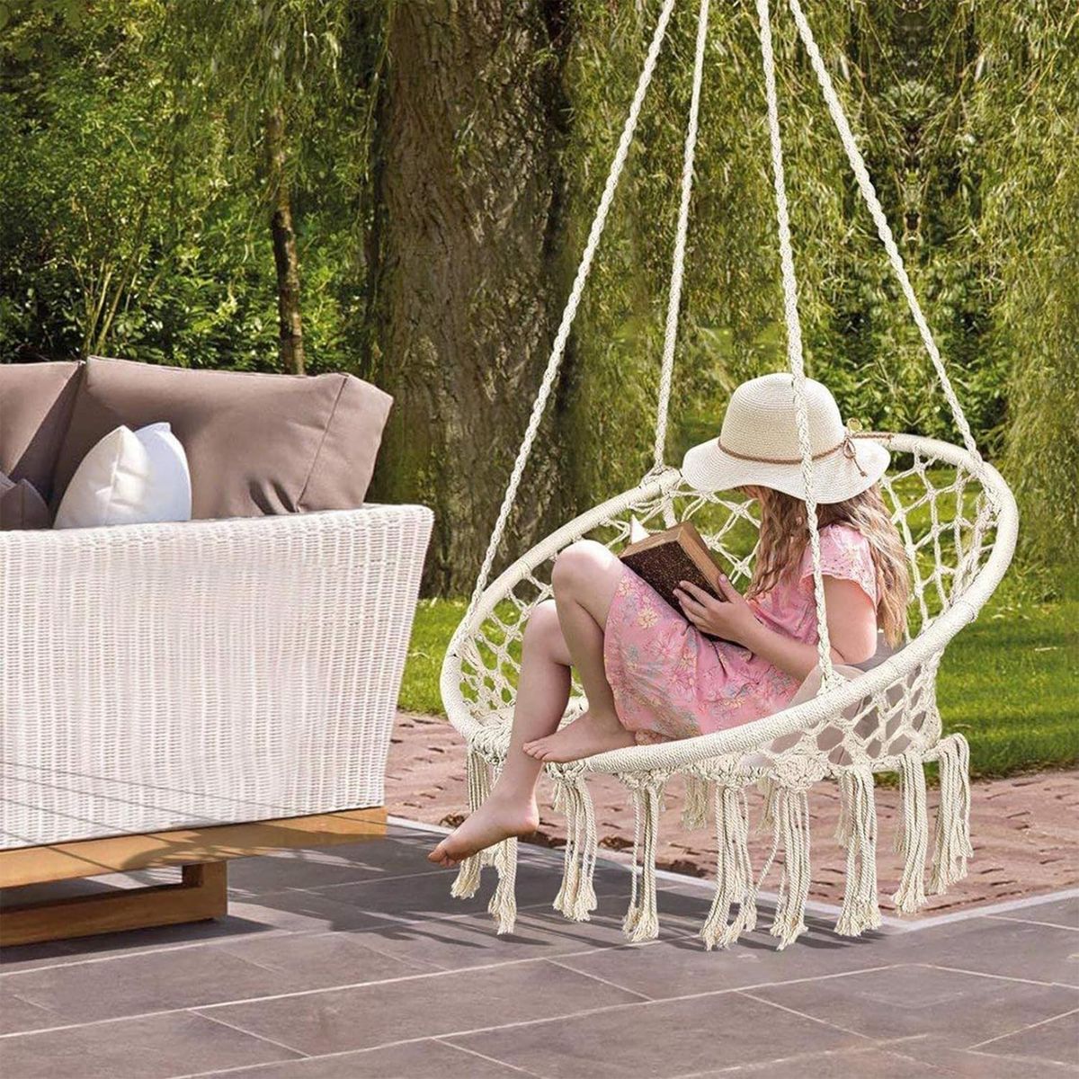Macrame Hanging Chair Swing for Adults & Kids | Indoor Outdoor Cotton Rope Hammock Chair with Tassels