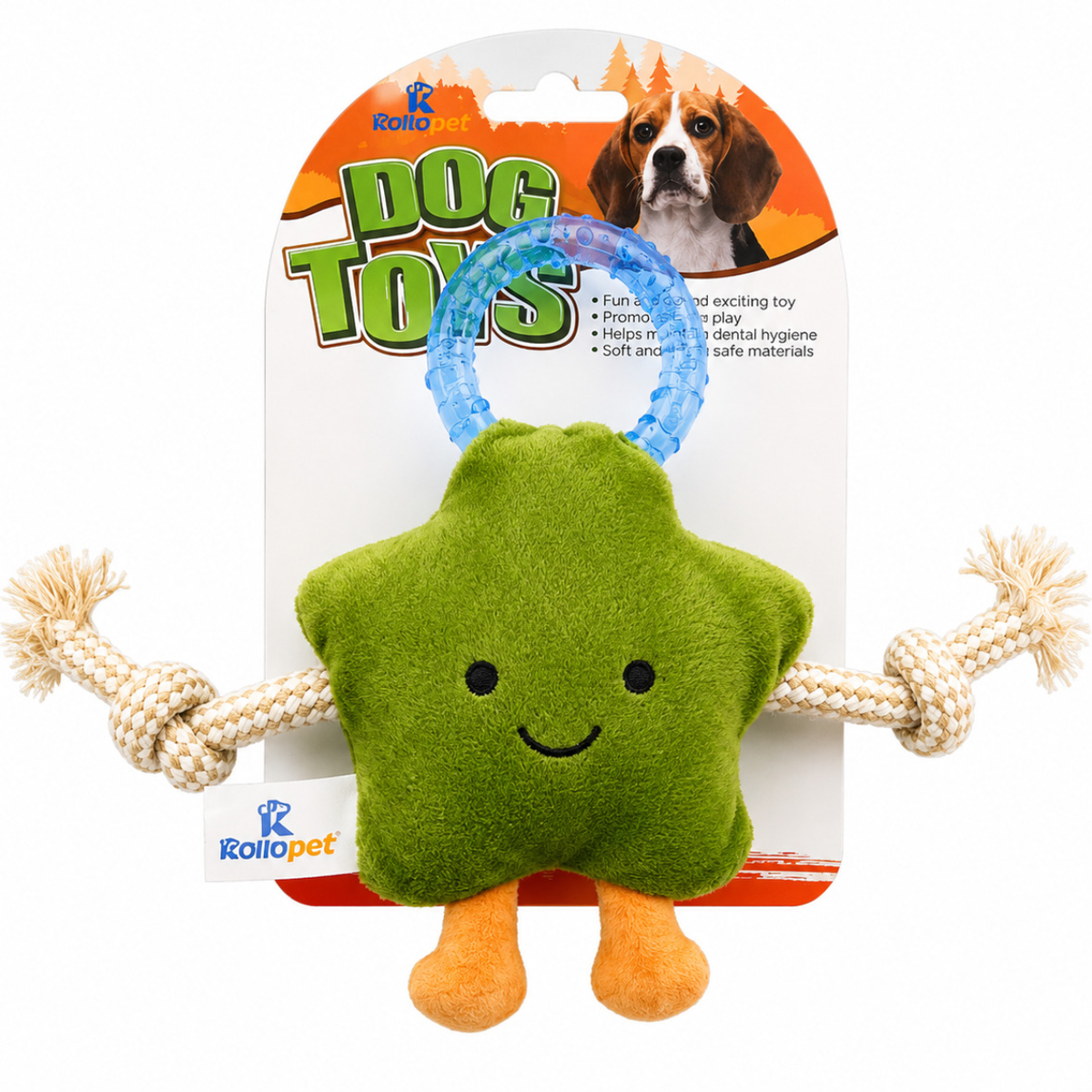 Rollopet Plush Dog Rope Toy with Teething Ring – Interactive Chew & Tug Toy