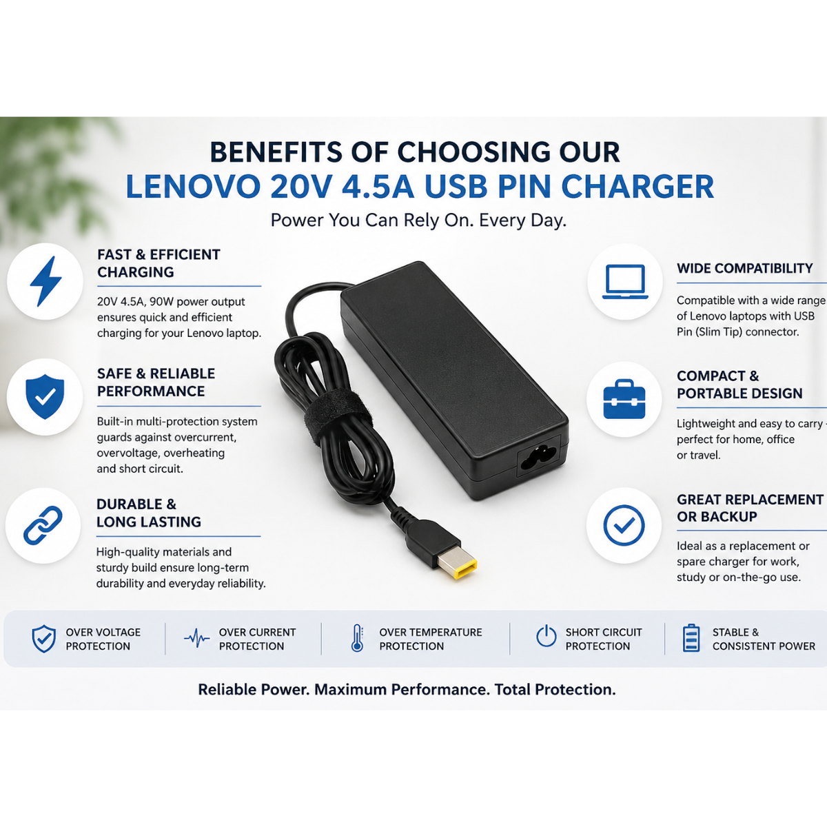 90W Replacement Laptop Charger Compatible with Lenovo USB Slim Tip - 20V 4.5A Power Adapter