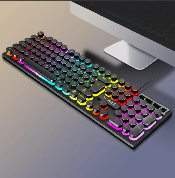 T-WOLF T80 104-Key Retro Punk RGB Gaming Keyboard, USB Wired, Round Keycaps