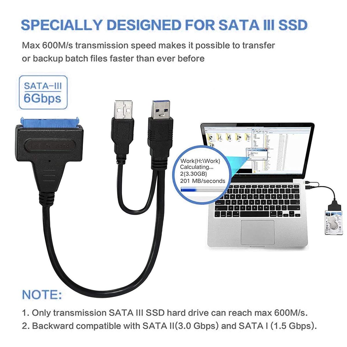SATA to USB 3.0/2.0 Adapter Cable for 2.5 Inch SSD & HDD | SATA III Hard Drive Converter with USB Power Cable