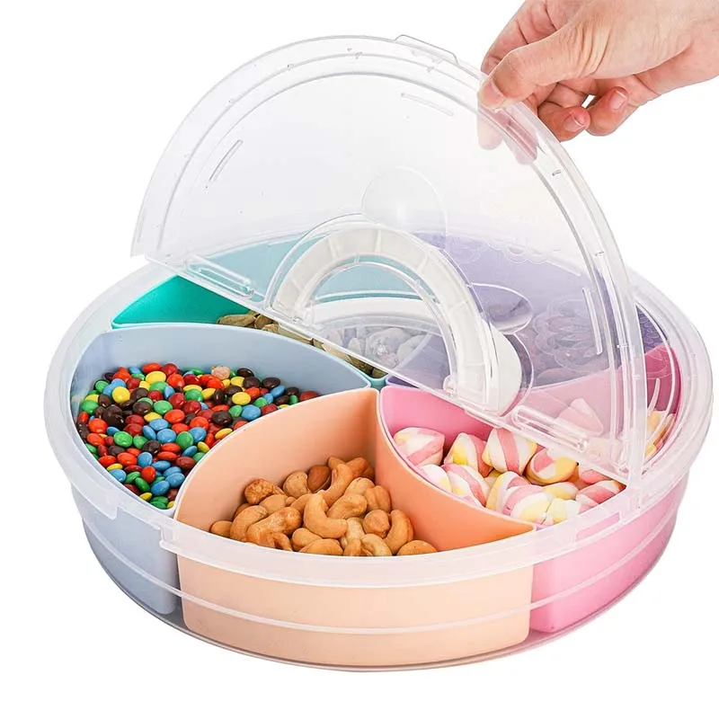 Round 5 Compartment Snack Storage Container with Lid | Multi-Colour Sectional Food Organizer Box
