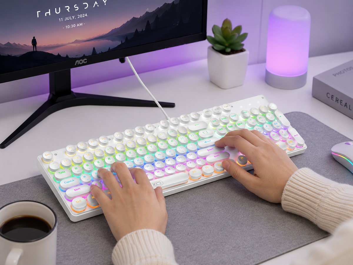 XO KB-07 RGB Mechanical Gaming Keyboard | 104-Key Full Size USB Wired Keyboard | Rainbow Backlit | Black / White