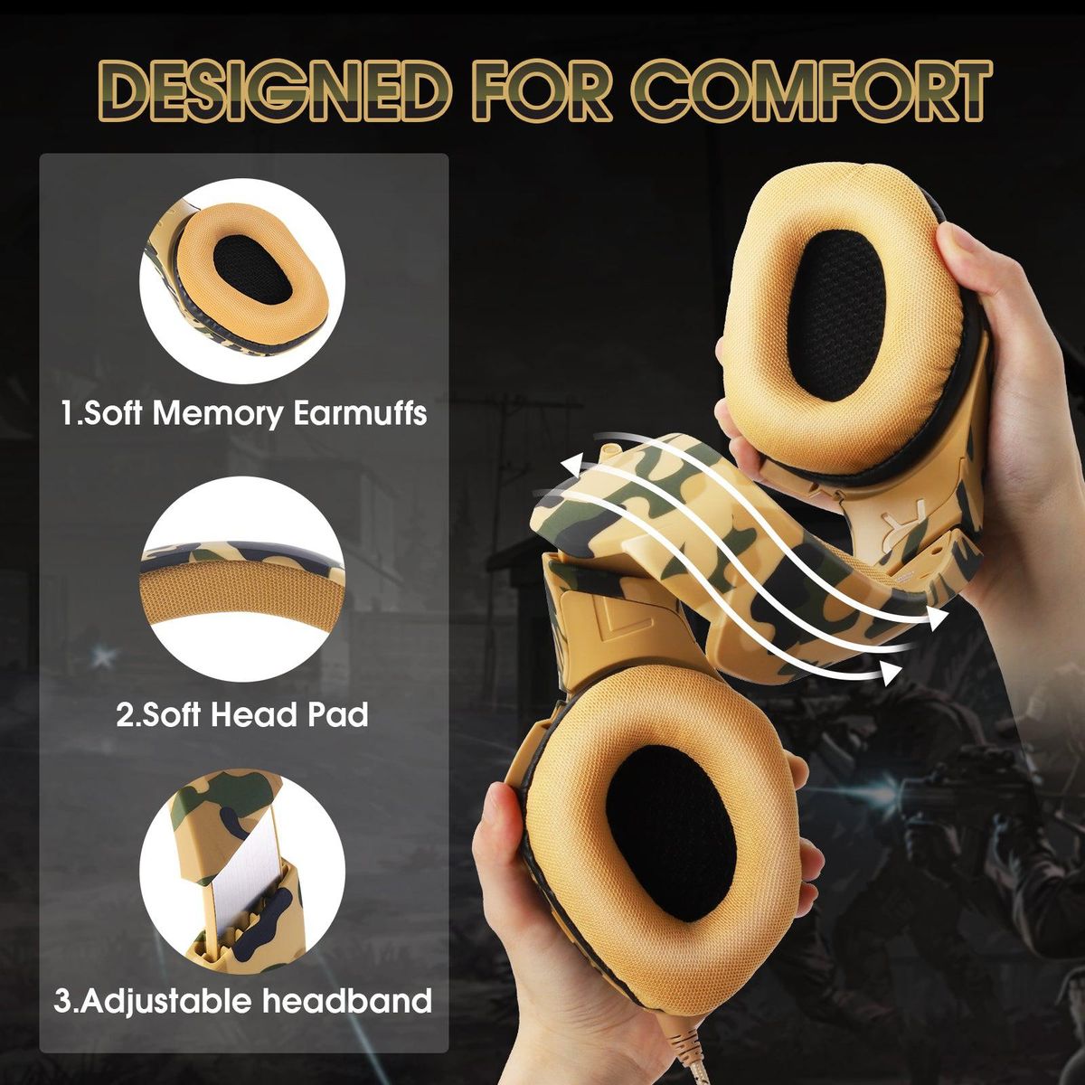 ONIKUMA K1B Gaming Headset with Microphone, 50mm Stereo Sound, 3.5mm Jack, Camo Yellow