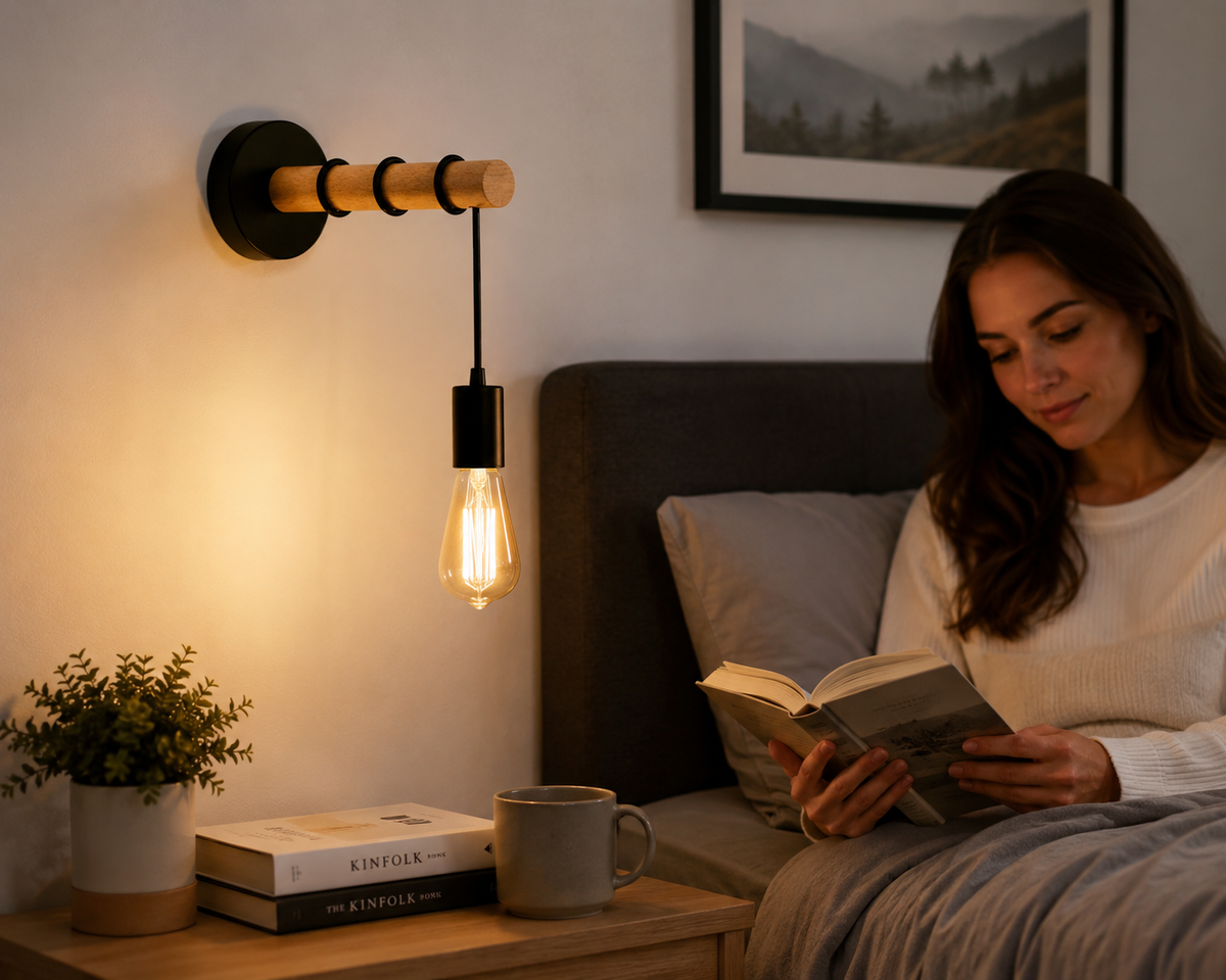 Modern Wooden Wall Light with E27 Lamp Holder | Nordic Black Metal Wall Sconce for Bedroom, Living Room & Hallway