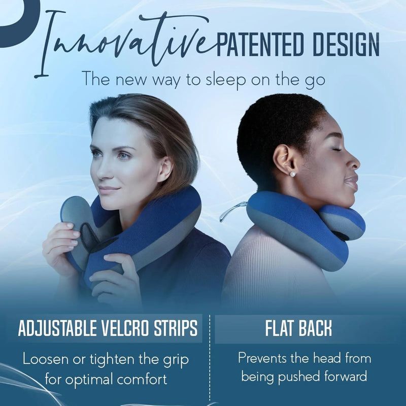 Adjustable Travel Neck Pillow with Head & Neck Support and Carry Pouch - Navy Blue