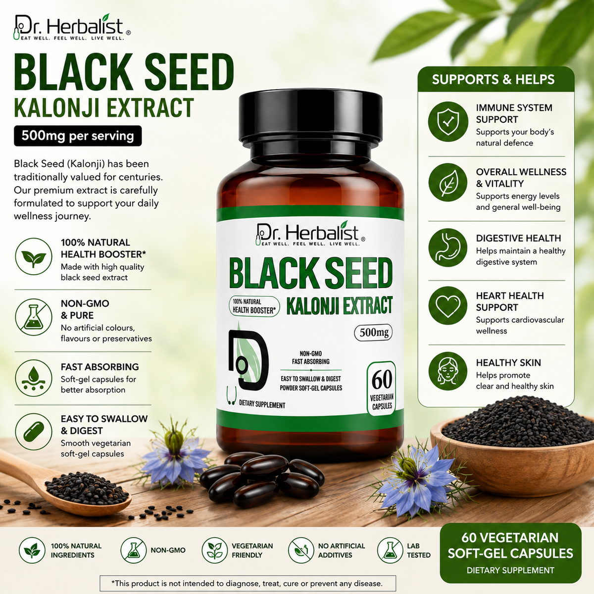 Dr. Herbalist Black Seed Kalonji Extract 500mg – 60 Vegetarian Capsules | Nigella Sativa Supplement
