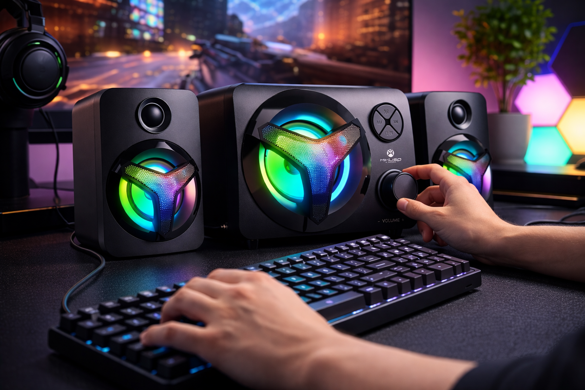 Mikuso SPK-F10 2.1 Channel Bluetooth Speaker System | 16W RGB Subwoofer Desktop PC Speakers with FM Radio, USB, AUX & TF Card