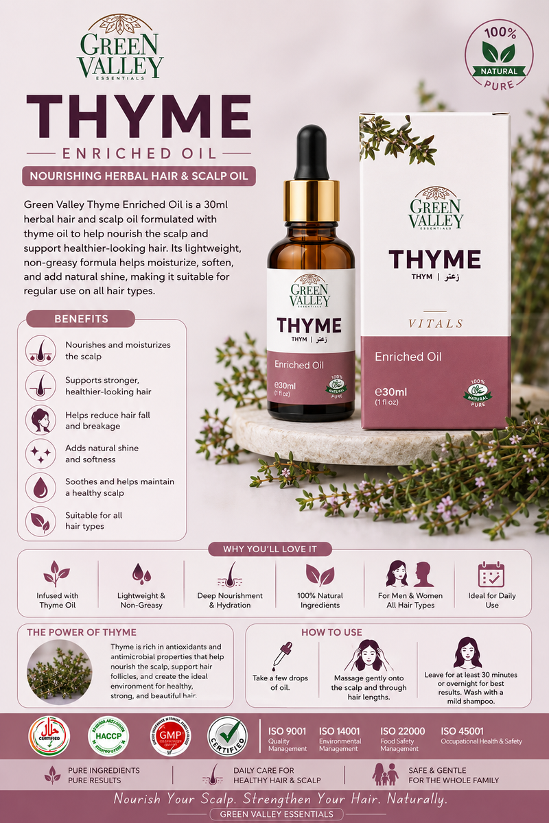 Green Valley Essentials Thyme Enriched Oil 30ml – Natural Hair & Scalp Care Oil