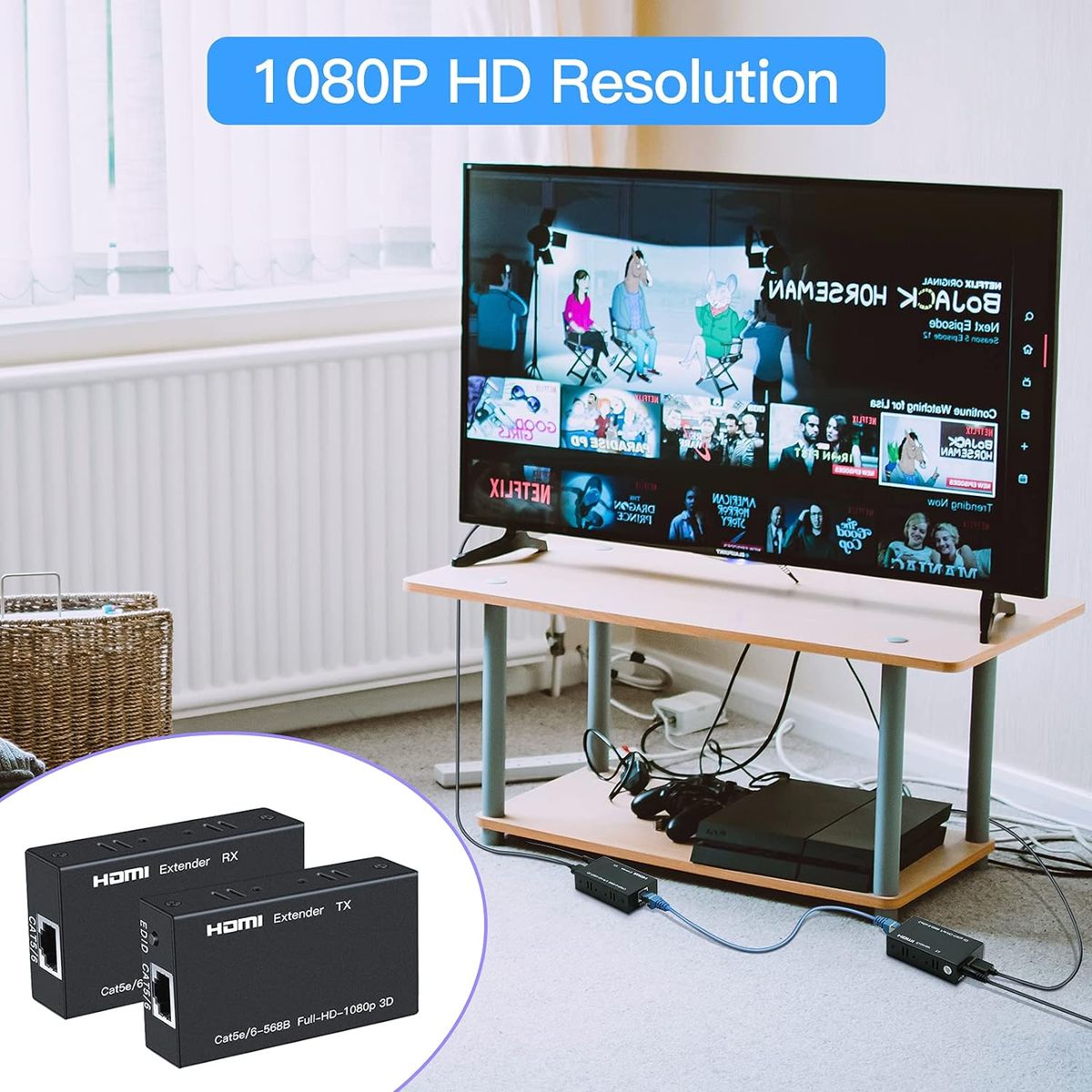 HDMI Extender Kit over Cat5e/Cat6 Cable up to 60M | 1080P Full HD HDMI Extender TX RX | Plug & Play HDMI Signal Extension