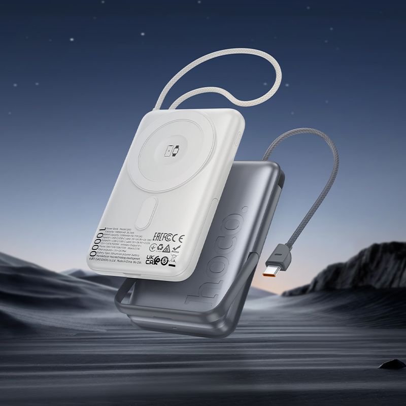 HOCO Q43 10000mAh Magnetic Wireless Power Bank with Built-in USB-C Cable, 20W PD Fast Charging & LED Display