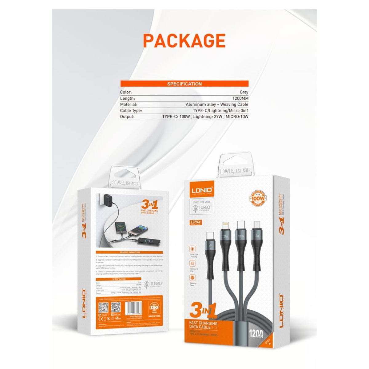 LDNIO LC94C 3-in-1 Fast Charging Cable 100W 1.2M | USB-C, Lightning & Micro USB Braided Cable