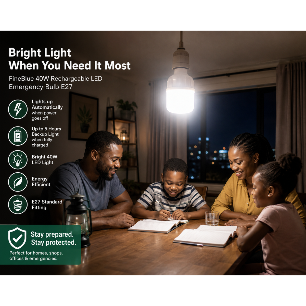 FineBlue 40W Rechargeable LED Emergency Bulb E27 – Load Shedding Backup Light with 4 Hours Battery | 1 Pack