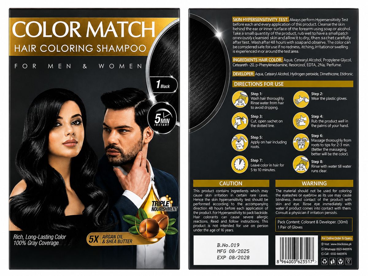 Color Match 5-Minute Hair Coloring Shampoo – Black (1) | Instant Grey Hair Coverage for Men & Women