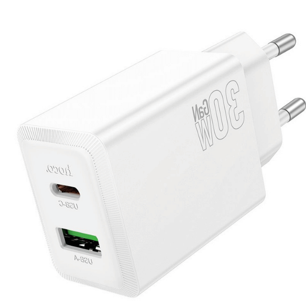 Hoco N71 30W PD Fast Charger | Dual Port USB-C & USB-A Wall Charger Adapter for iPhone, Samsung & Android