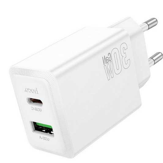Hoco N71 30W PD Fast Charger | Dual Port USB-C & USB-A Wall Charger Adapter for iPhone, Samsung & Android