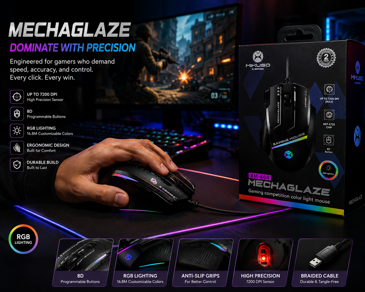 Mikuso XM-604 RGB Gaming Mouse – 7200 DPI Wired USB Optical Mouse with 8 Buttons for PC & Laptop