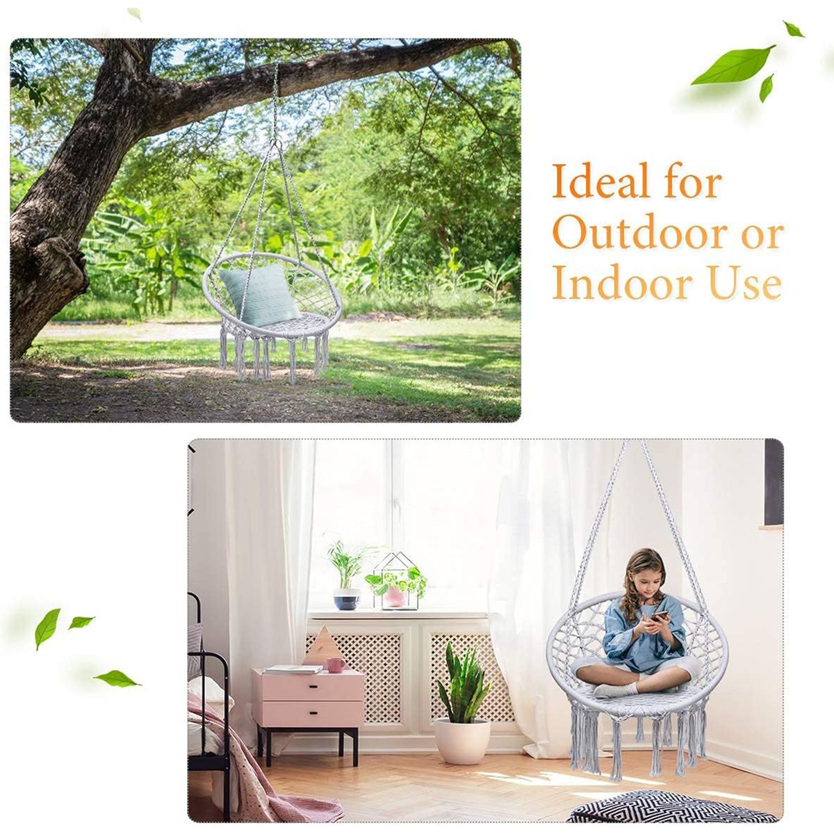 Handmade Cotton Rope Hanging Swing Chair for Adults & Kids | Boho Hammock Chair for Indoor & Outdoor Garden - Grey