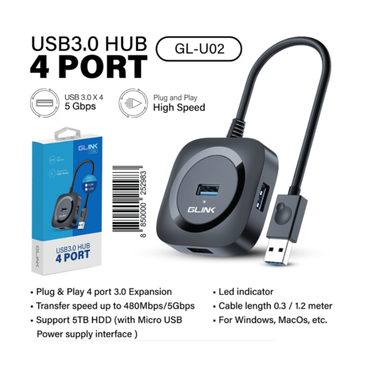 GLINK GL-U02 USB 3.0 4-Port Hub | 5Gbps High-Speed Data Splitter Adapter with 1.2m Cable for Laptop, PC, Mac & USB Devices