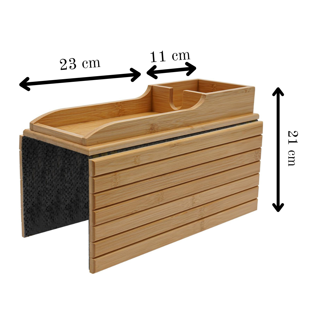 Premium Bamboo Sofa Armrest Tray Table with Cup Holder & Phone Slot | Foldable Couch Arm Tray Organizer