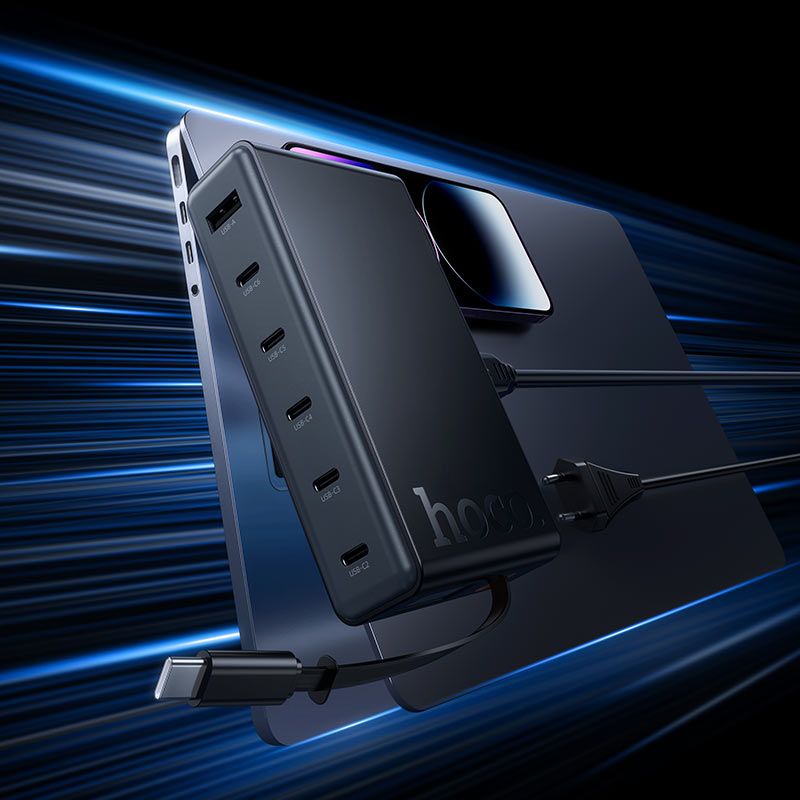 HOCO C151A 50W GaN 7-Port Desktop Fast Charger | Built-in USB-C Cable, 6 USB-C + 1 USB-A Charging Station