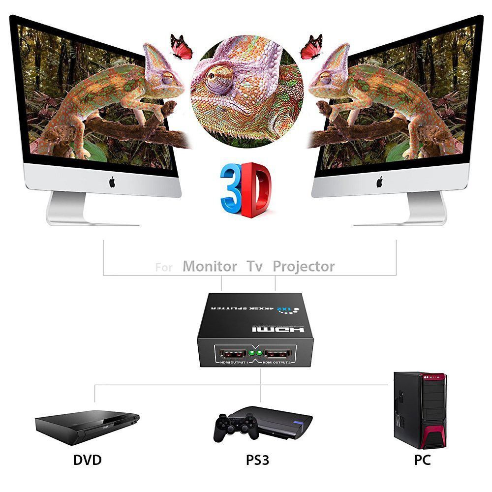 HDMI Splitter 1 Input 2 Output 4K Ultra HD | HDMI 1x2 Splitter Adapter for HDTV, TV, Monitor, Projector & PC