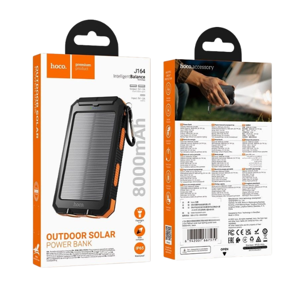 Hoco J164 8000mAh Solar Power Bank – IP65 Outdoor Charger with Dual LED Lights & Compass
