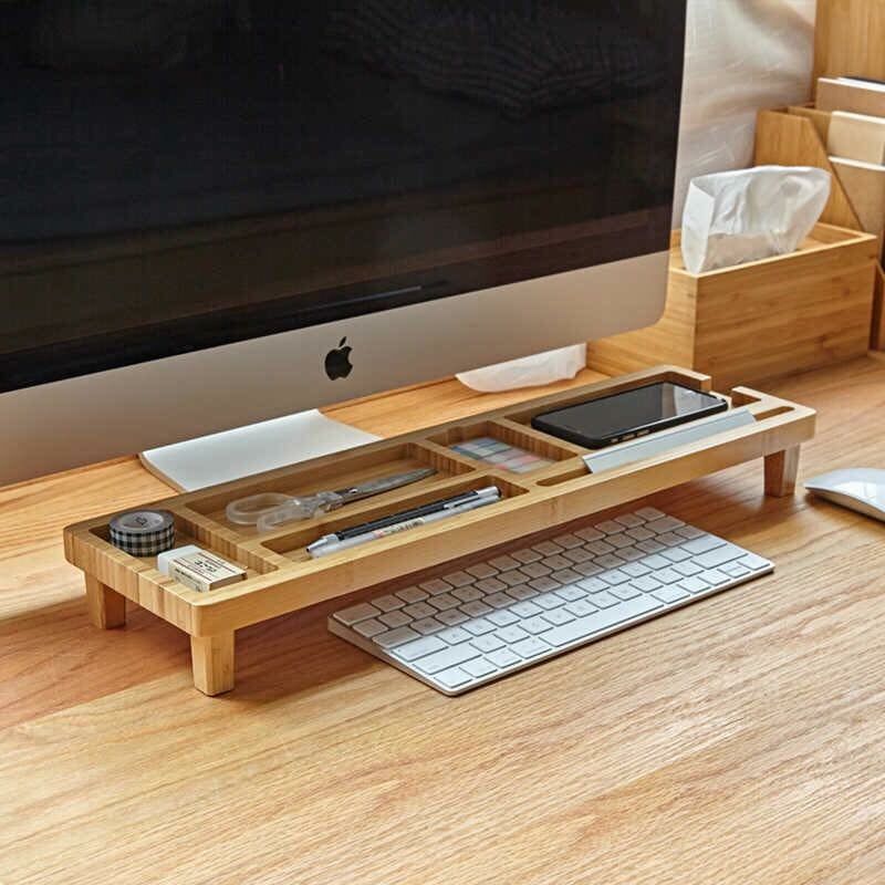 Bamboo Desk Organizer & Monitor Stand Riser with Keyboard Storage | Wooden Desktop Organizer