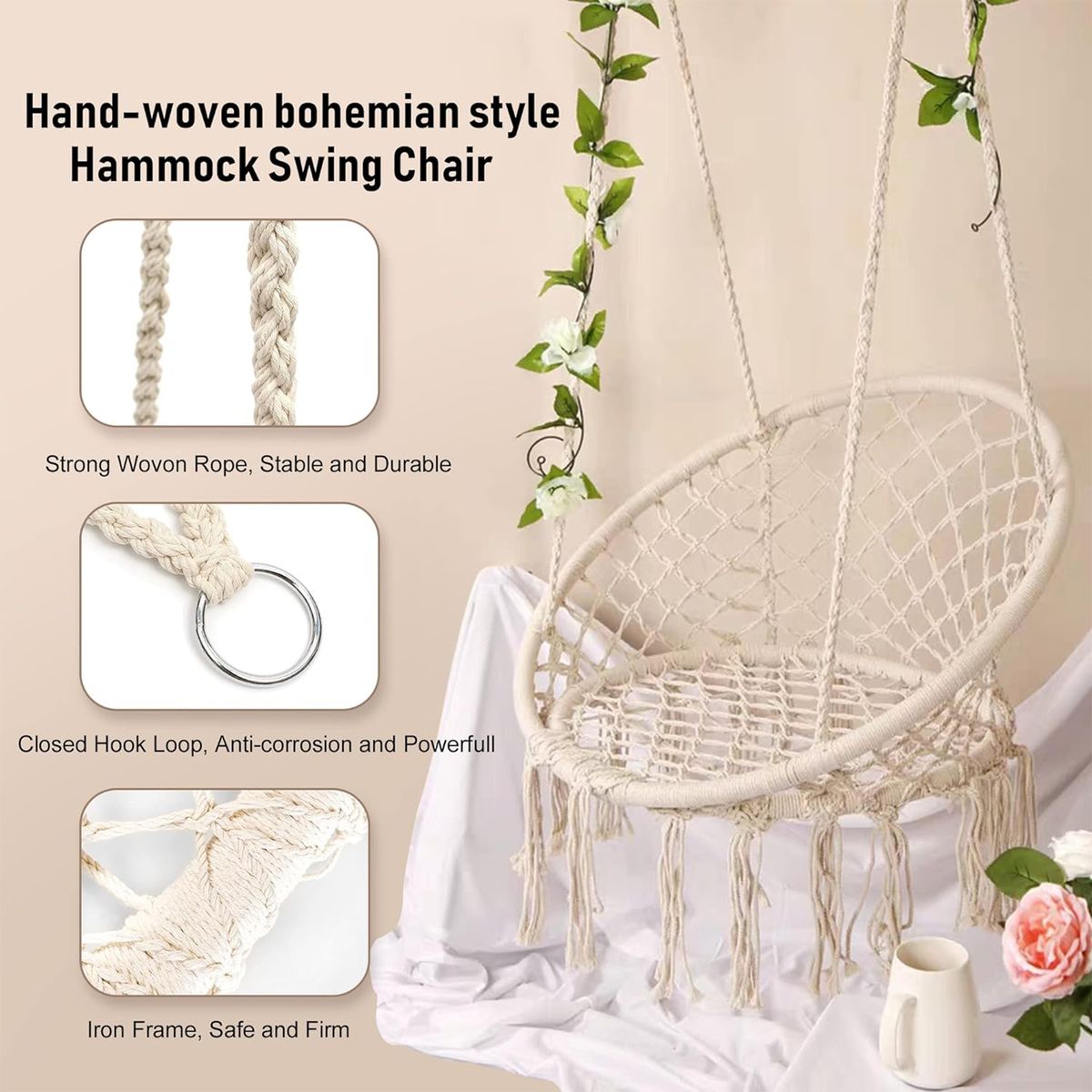 Handmade Cotton Rope Hanging Swing Chair for Adults & Kids | Boho Hammock Chair for Indoor & Outdoor Garden - Grey
