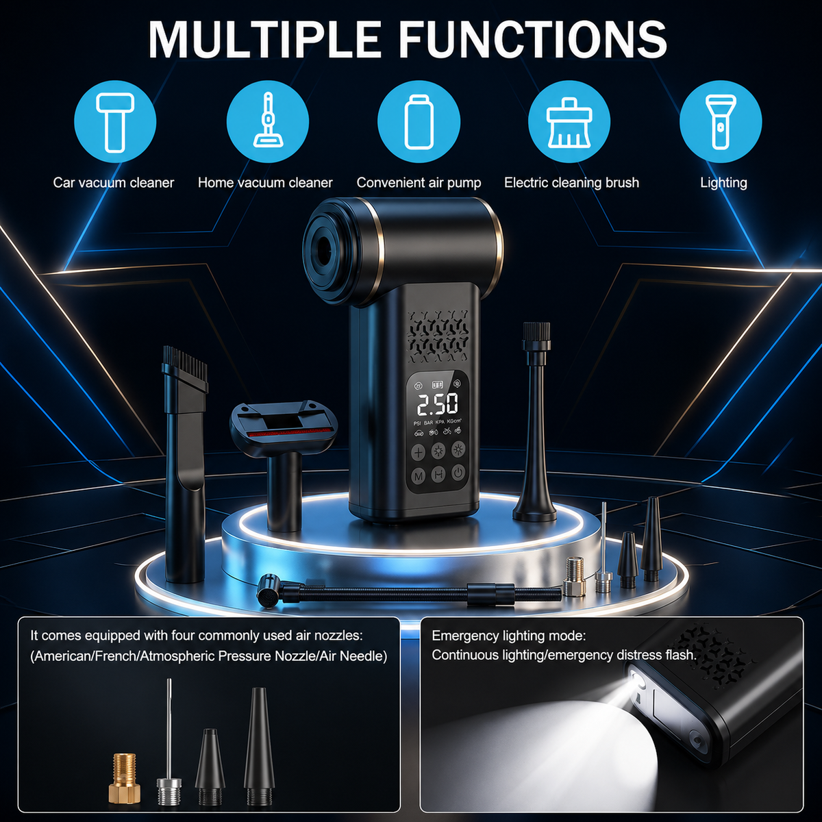 4-in-1 Cordless Car Vacuum Cleaner & Tyre Inflator – Portable Air Pump, Air Duster Blower with LCD Display