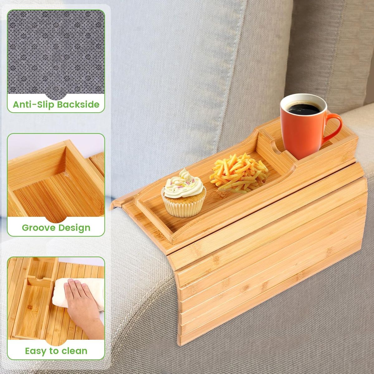 Premium Bamboo Sofa Armrest Tray Table with Cup Holder & Phone Slot | Foldable Couch Arm Tray Organizer