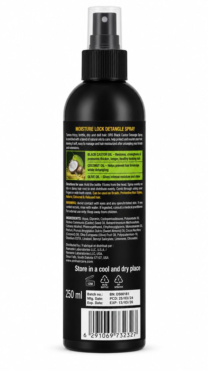 ORS Olive Oil Detangle Spray with Black Castor Oil & Coconut Oil | Moisture Lock Leave-In Hair Detangler | 250ml