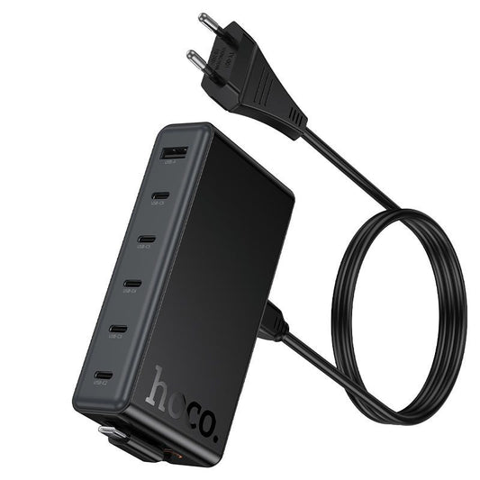 HOCO C151A 50W GaN 7-Port Desktop Fast Charger | Built-in USB-C Cable, 6 USB-C + 1 USB-A Charging Station