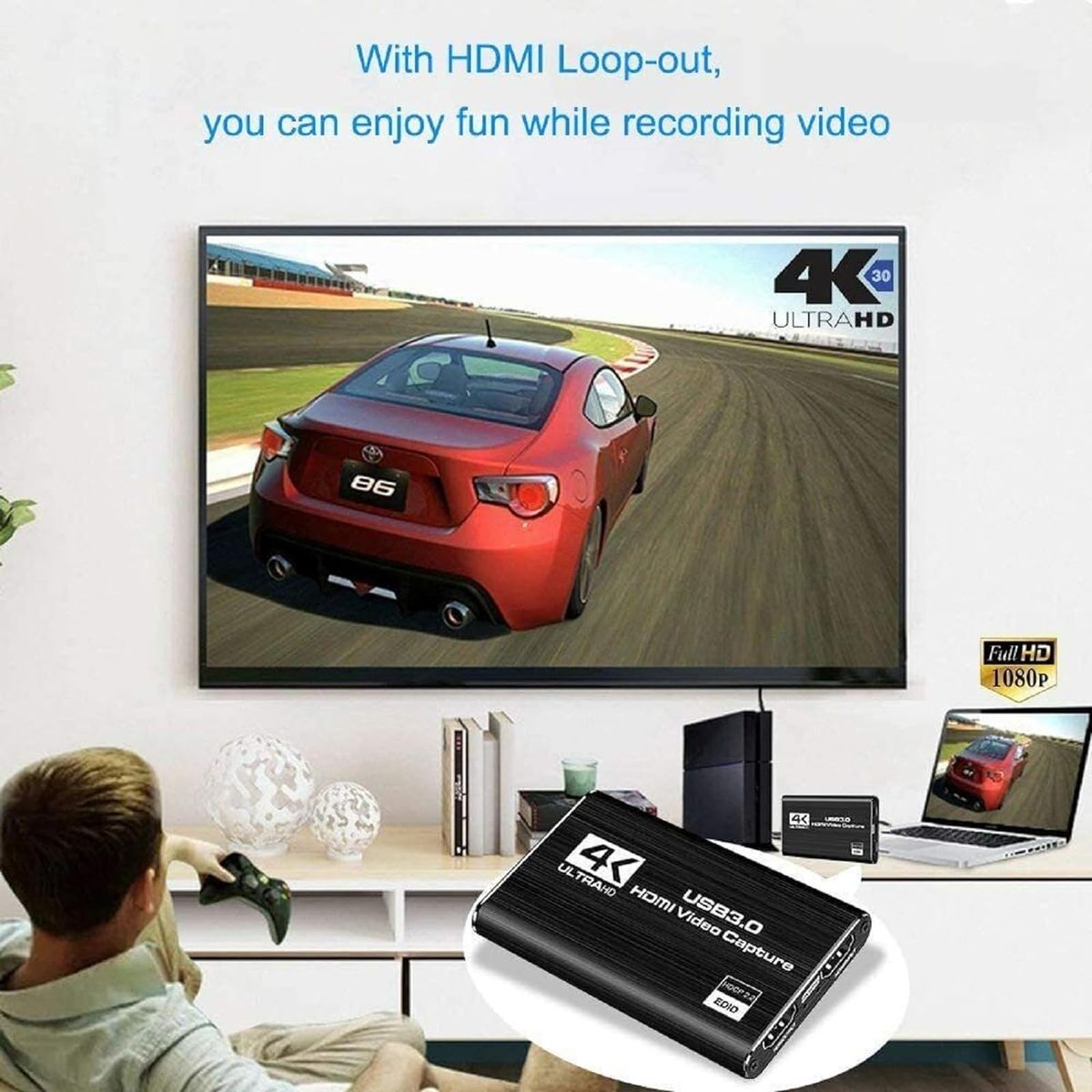 4K USB 3.0 HDMI Video Capture Card with HDMI Loop Out | Ultra HD Capture Device for Live Streaming & Recording