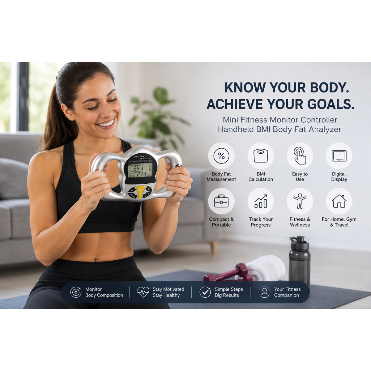 Mini BMI Body Fat Analyzer – Digital Handheld Body Composition Monitor for Body Fat, BMI, Hydration & Fitness Tracking
