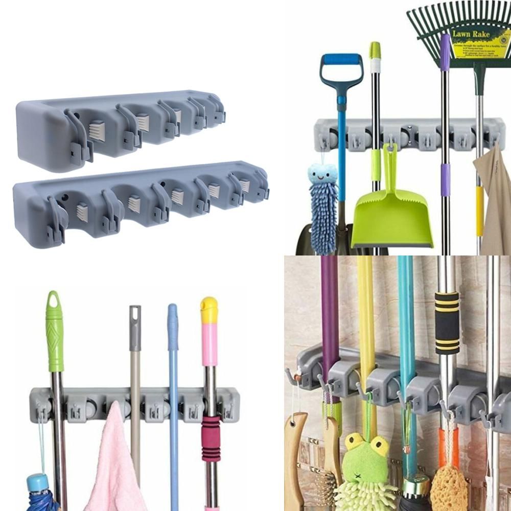 Wall Mounted Mop & Broom Holder Organizer – 5 Position with 6 Hooks | Heavy Duty Space Saving Storage Rack